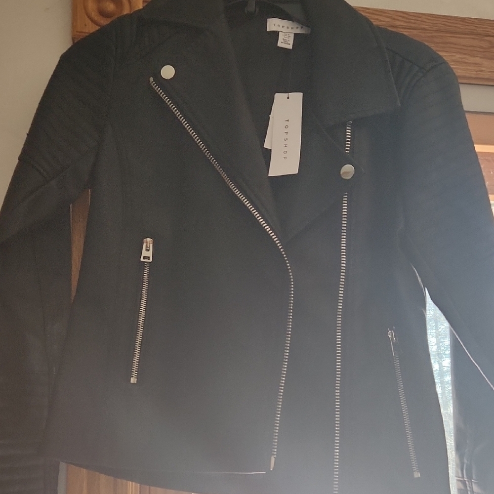 Topshop Black Leather Jacket with Silver Zippers
